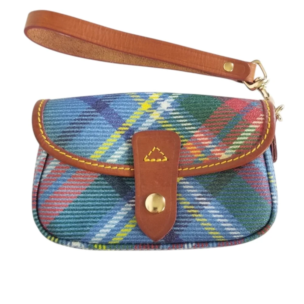 DOONEY & BOURKE Tartan Plaid Canvas And Leather Front Flap Wristlet Made In USA